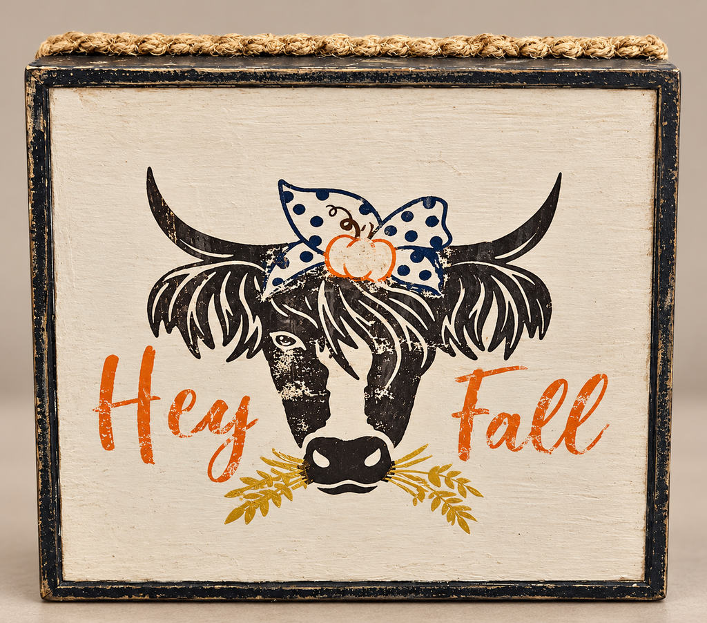 "Hey Fall" Highland Cow Wooden Block
