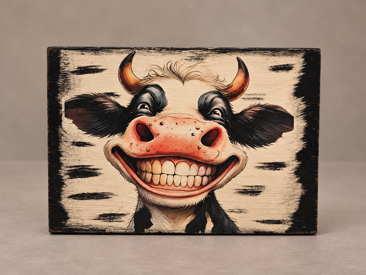 Grinning Cow Wooden Block