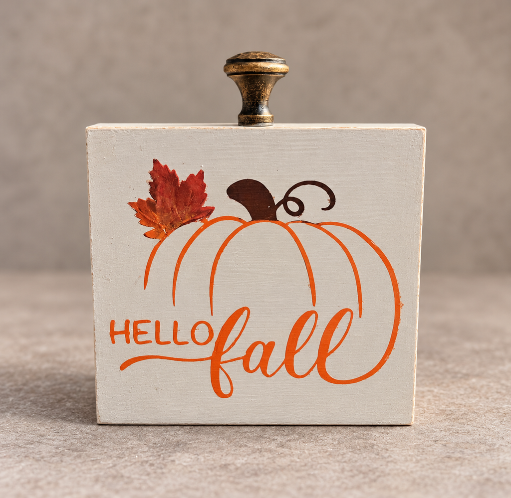 "Hello Fall" Pumpkin Wooden Block