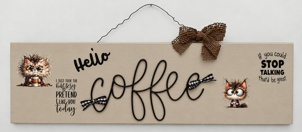 "Hello Coffee" Wooden Sign with Wire Lettering