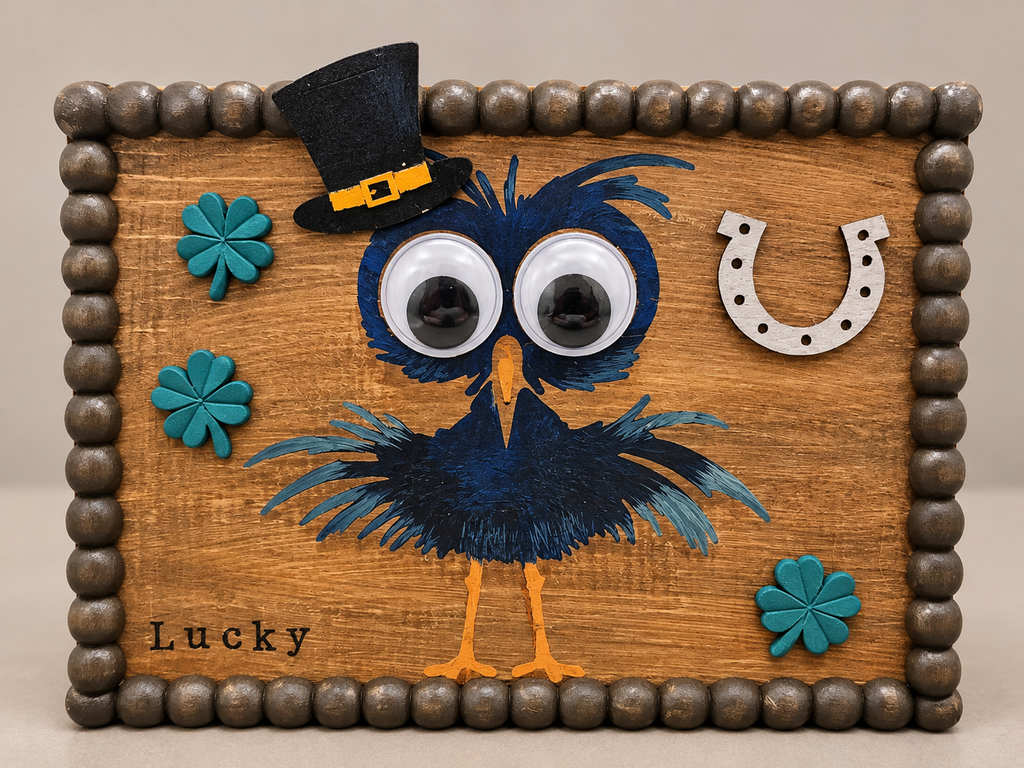 "Lucky" Googly-Eyed Bird Wooden Block