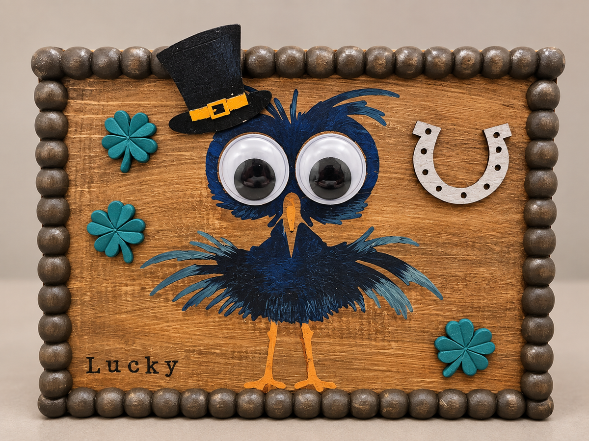 "Lucky" Googly-Eyed Bird Wooden Block