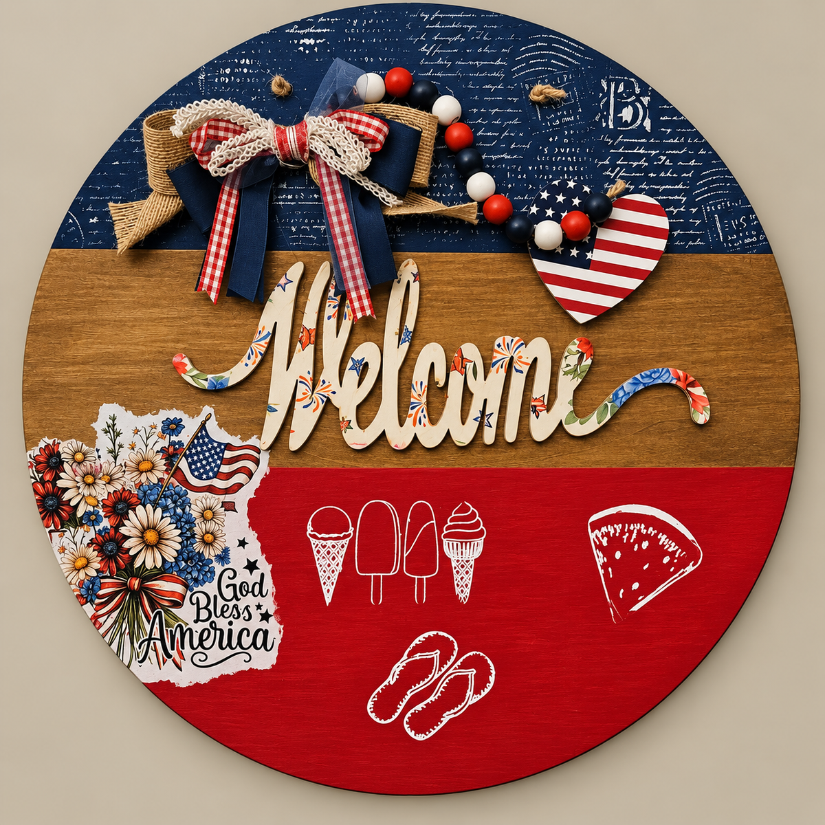 "Welcome – God Bless America" Patriotic Round Door Sign